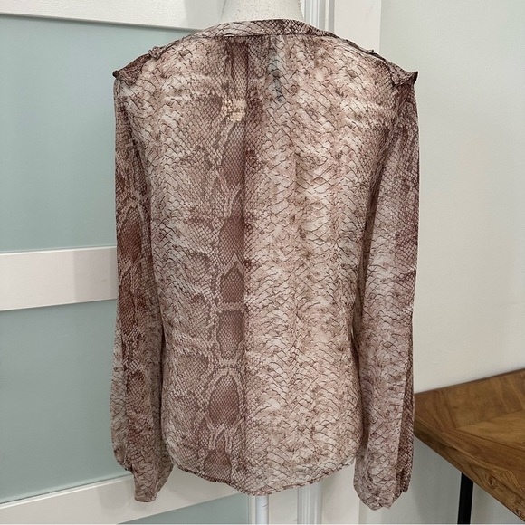 Anthropologie Snake Print Ruffled V Neck Long Sleeve Top Blouse Small Sheer NWT - Picture 9 of 10